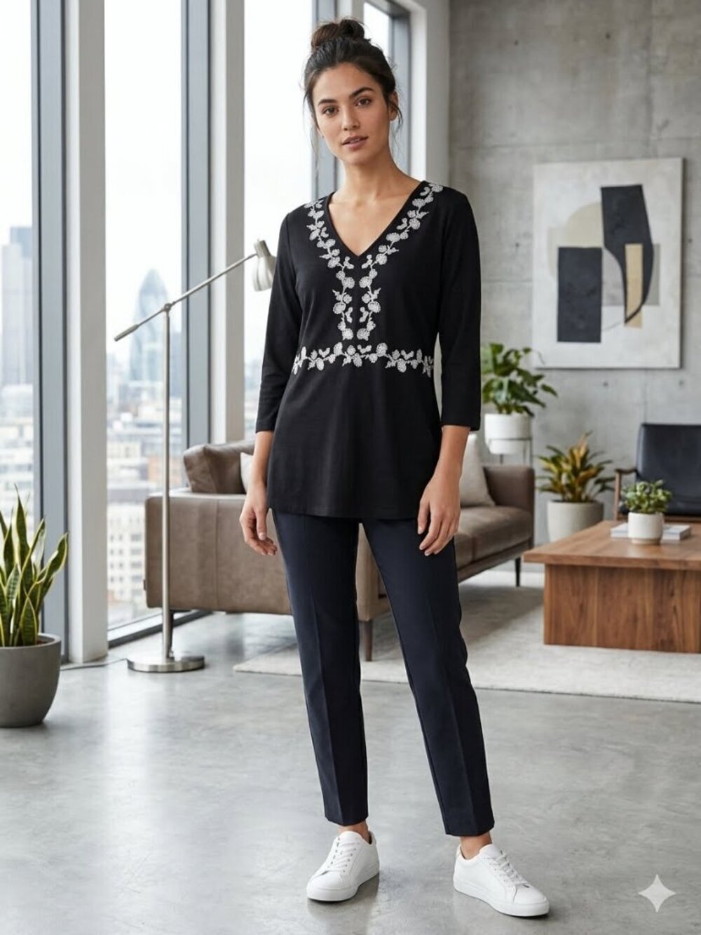 Sag Harbor Women Size PL Black Linen Floral Embroidered Side Zip 3/4 Sleeve Top